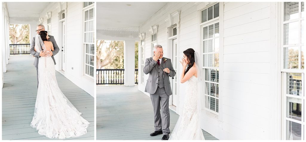 Father daughter brought to tears during first look during wedding at the farm at union valley