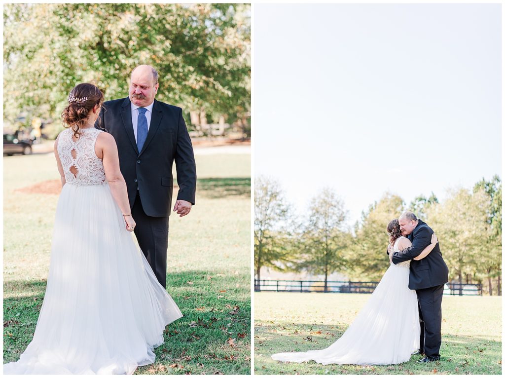 Father-daughter emotional first look at paisley barn NC