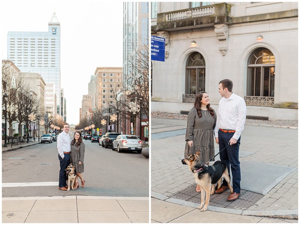 Couple and dog in downtown raleigh engagement session
