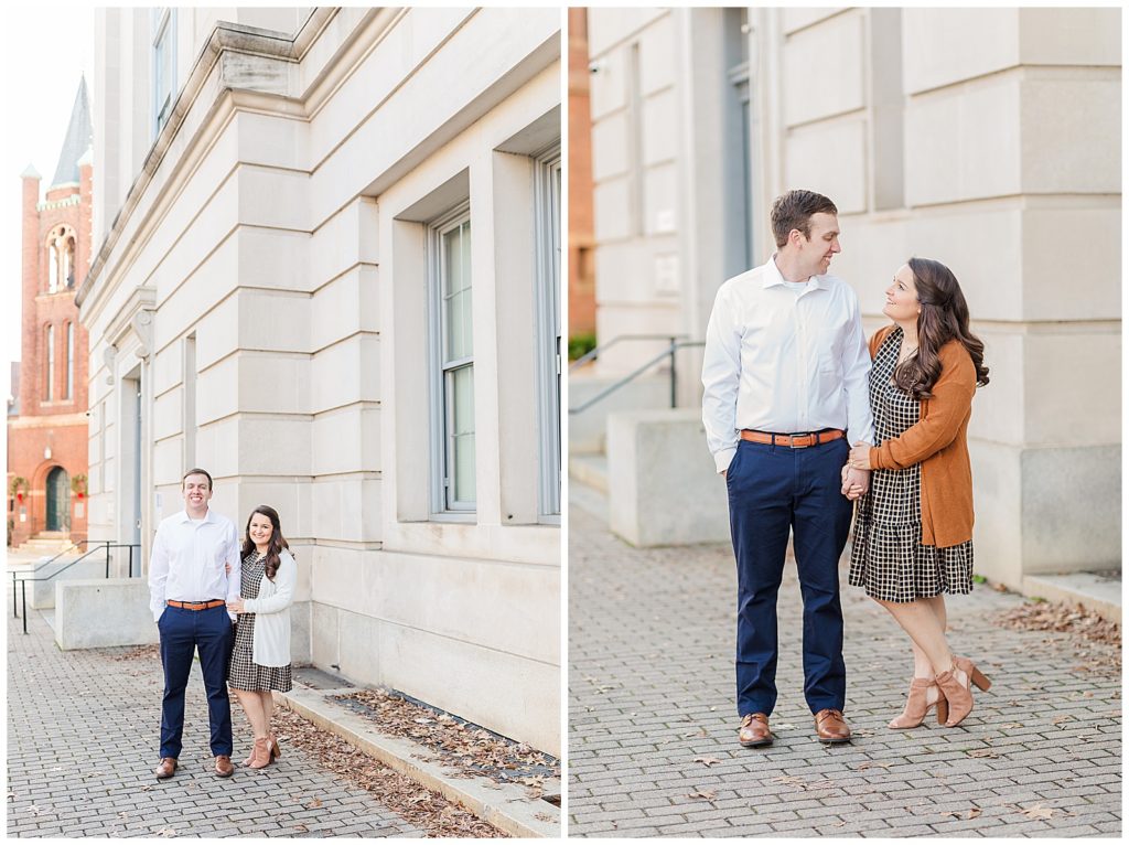 Couple posing for engagement session in downtown raleigh nc