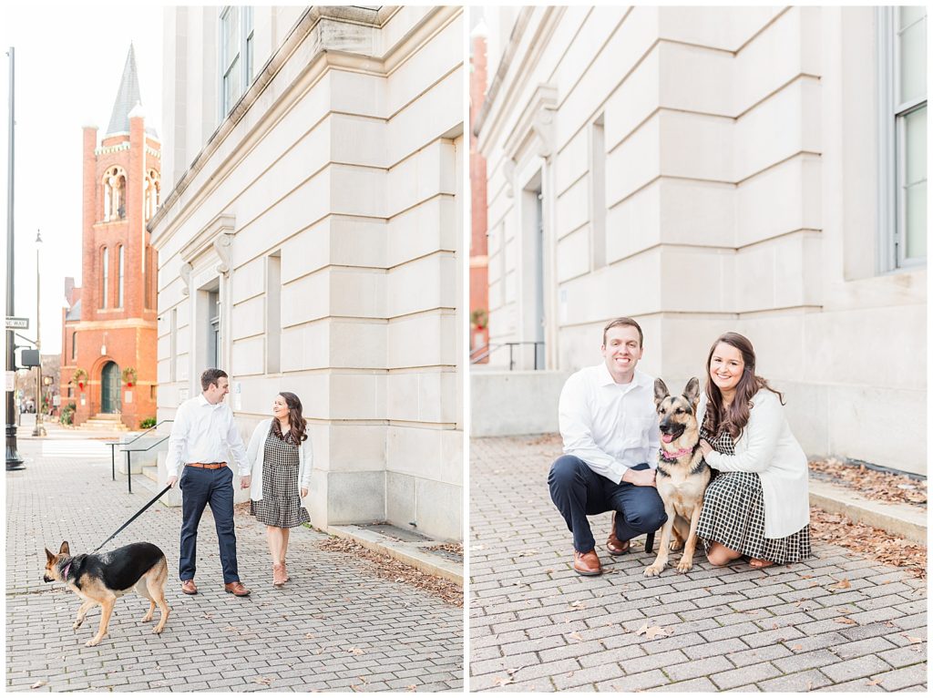 Couple posing with dog in Downtown Raleigh for engagement session