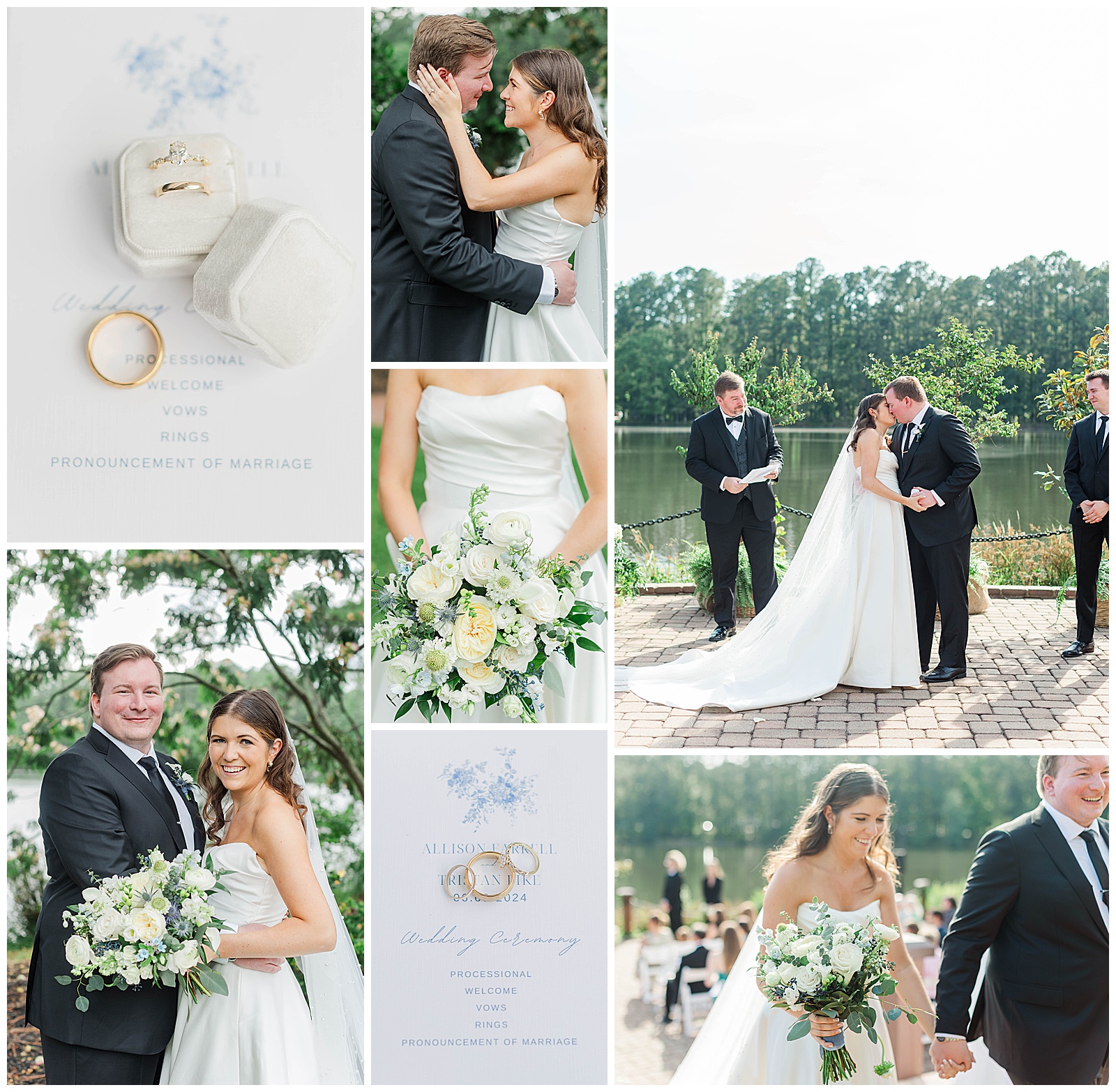 Collage of different images from a summer wedding at the Pavilion at Angus Barn a wedding venue in Raleigh NC